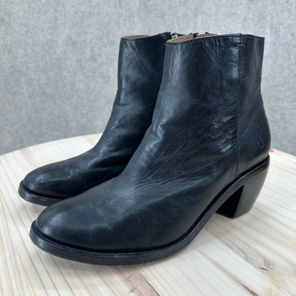 Frye Rosalia Shimmer Black Leather Ankle Boots Block Heel Zip Booties Womens 9 - Picture 2 of 16
